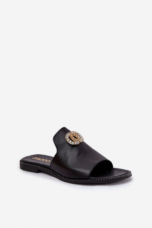 Elegantný štýl Kožené papuče Dámske s ozdobami Zazoo 3008 čierna