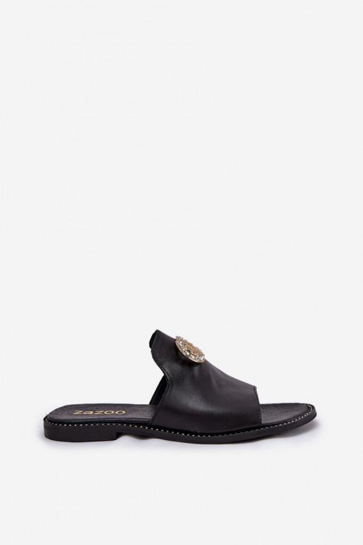 Elegantný štýl Kožené papuče Dámske s ozdobami Zazoo 3008 čierna