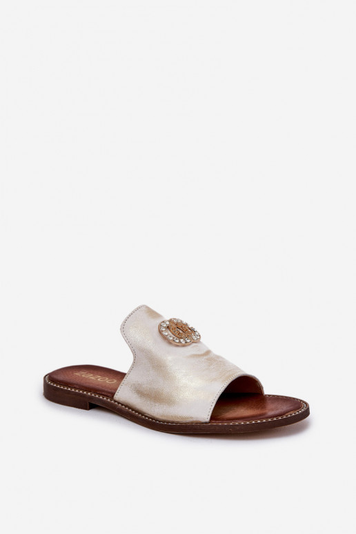 Elegantný štýl Kožené papuče Dámske s ozdobami Zazoo 3008 zlatej farby Przecierany