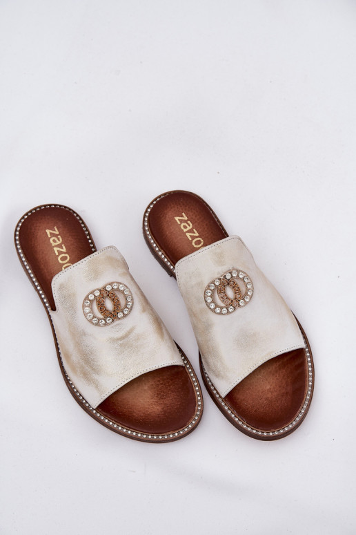 Elegantný štýl Kožené papuče Dámske s ozdobami Zazoo 3008 zlatej farby Przecierany