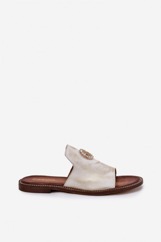 Elegantný štýl Kožené papuče Dámske s ozdobami Zazoo 3008 zlatej farby Przecierany