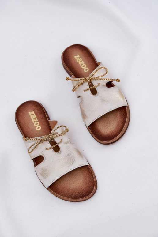 Kožené papuče Dámske so širokými podpätkami Zazoo 3022 zlatej farby Przecierany