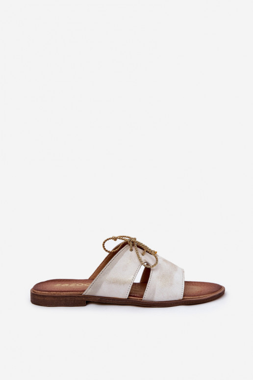 Kožené papuče Dámske so širokými podpätkami Zazoo 3022 zlatej farby Przecierany