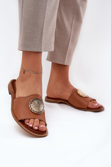 Zazoo 2938 Kožené papuče so širokými podpätkami s ozdobami Hnedá farba