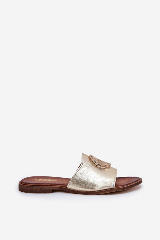 Zazoo 2938 Kožené papuče so širokými podpätkami s ozdobami zlatej farby Zazoo 2938 Kožené papuče so širokými podpätkami s ozdobami zlatej farby