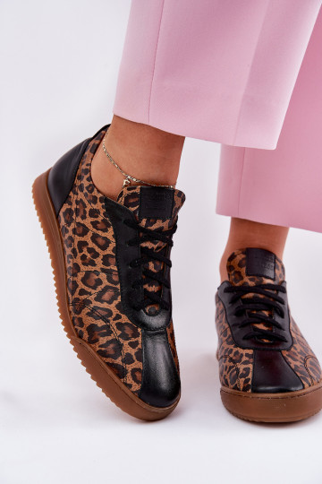 Kožené dámske športové topánky s leopardím vzorom Laura Messi 2935 hnedej farby