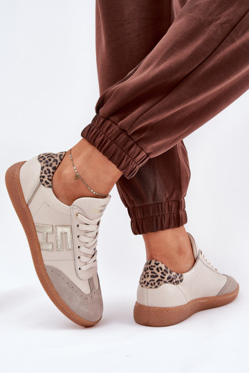 Kožené dámske športové topánky "Sneakers" s leopardím vzorom CheBello 4640 pieskovej farby
