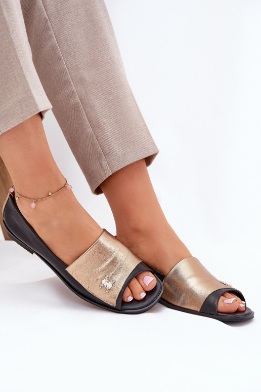 Kožené Elegantný štýl BalerínkyOdkrytymi Palcami Zazoo 1865 zlato-čierna Kožené Elegantný štýl BalerínkyOdkrytymi Palcami Zazoo 1865 zlato-čierna