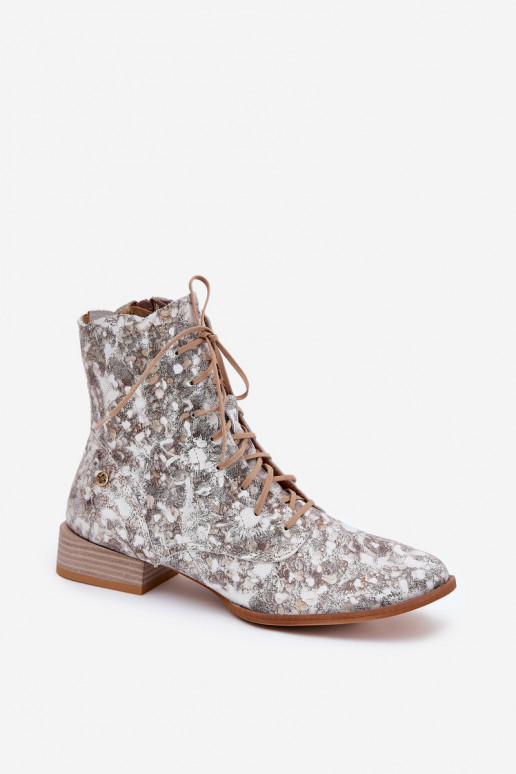 Kožené Vzorované Čižmy so širokými podpätkami Máciejka 06391-25 béžová