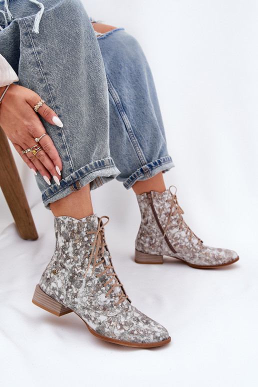 Kožené Vzorované Čižmy so širokými podpätkami Máciejka 06391-25 béžová