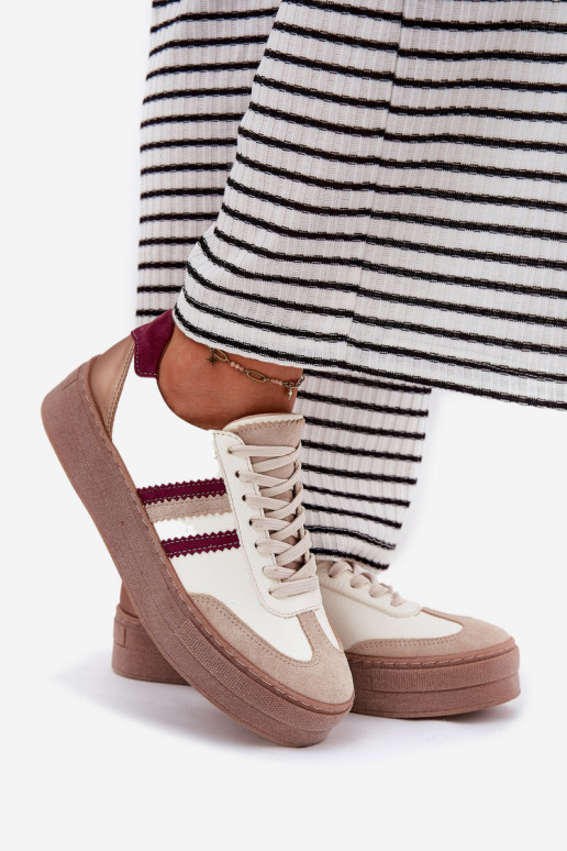 Kožené Tenisky model obuvi Dámske s platformou Zazoo N1234 béžová-bordová Kožené Tenisky model obuvi Dámske s platformou Zazoo N1234 béžová-bordová