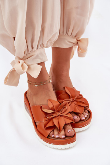 Kožené papuče Dámske Zapnuté INedge S Ornatem Kvet Artiker 52C0505 oranžová