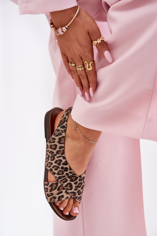 sandále Kožené Dámske so vzormi leopardej kožušiny Hnedá farba Zazoo 40407