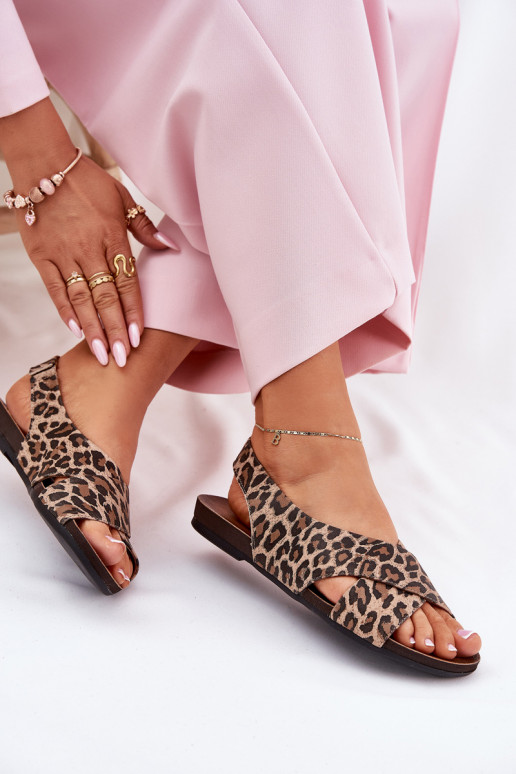 sandále Kožené Dámske so vzormi leopardej kožušiny Hnedá farba Zazoo 40407