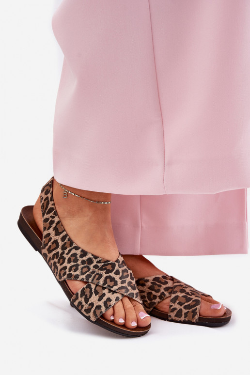 sandále Kožené Dámske so vzormi leopardej kožušiny Hnedá farba Zazoo 40407