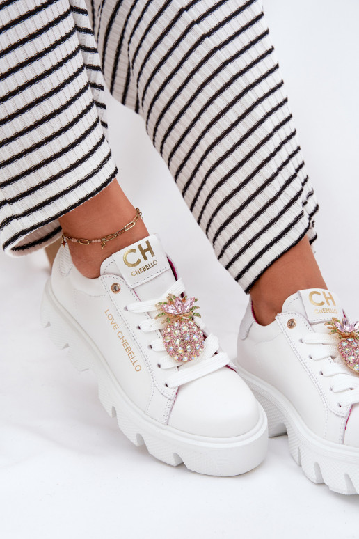 Kožené Tenisky model obuvi ozdobiť Broszką Ananas CheBello 4651 biela farba Kožené Tenisky model obuvi ozdobiť Broszką Ananas CheBello 4651 biela farba