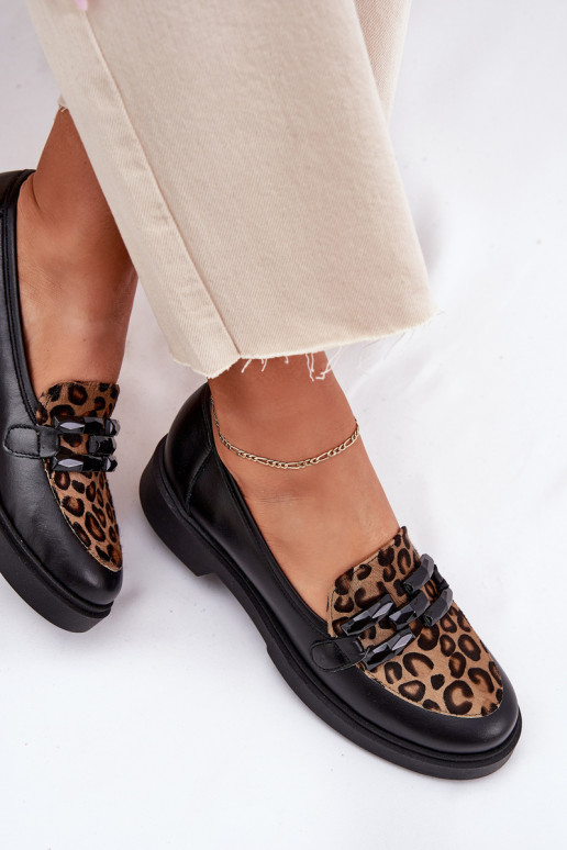 Kožené Mokasíny s ozdobami I Panterką Laura Messi 2965 čierna Kožené Mokasíny s ozdobami I Panterką Laura Messi 2965 čierna