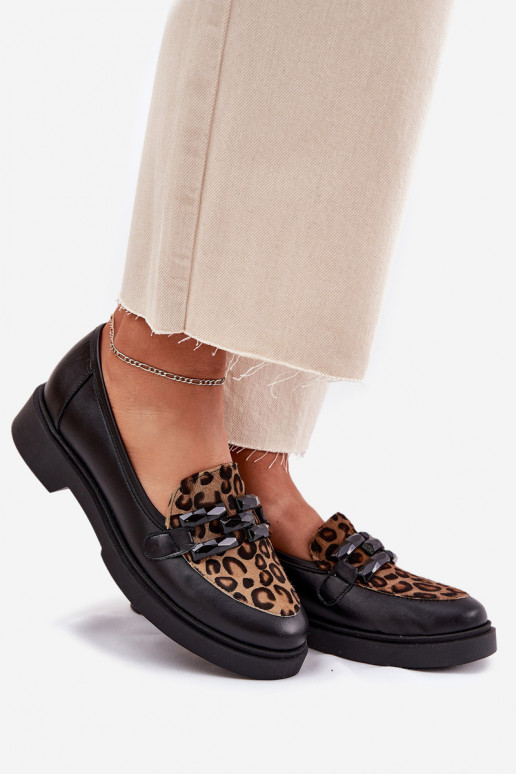 Kožené Mokasíny s ozdobami I Panterką Laura Messi 2965 čierna Kožené Mokasíny s ozdobami I Panterką Laura Messi 2965 čierna