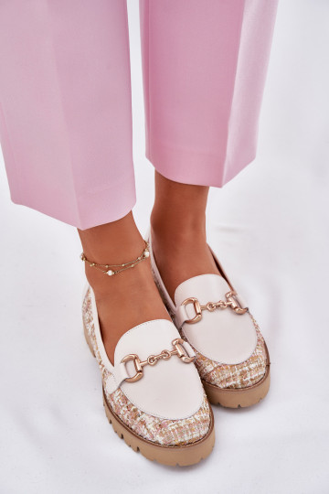 Kožené dámske mokasíny Ze zlatej farbym Detalem Laura Messi 2938 slonovina