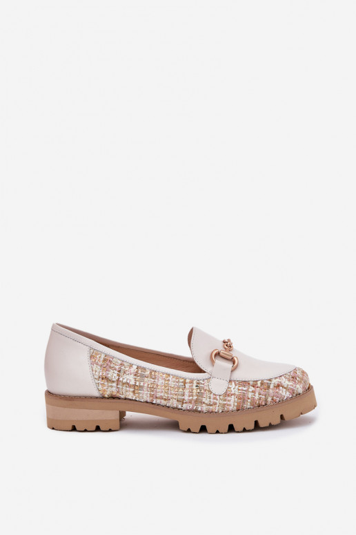 Kožené dámske mokasíny Ze zlatej farbym Detalem Laura Messi 2938 slonovina Kožené dámske mokasíny Ze zlatej farbym Detalem Laura Messi 2938 slonovina