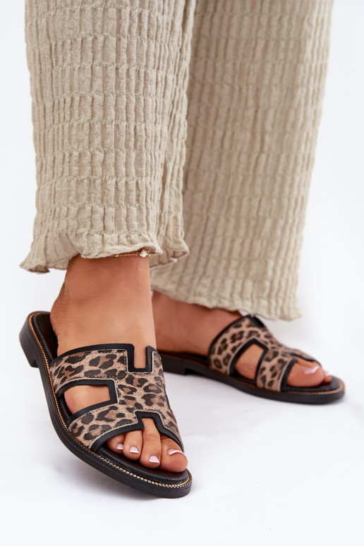 Kožené rovná sa Papuče so vzormi leopardej kožušiny Zazoo 40383 čierna Kožené rovná sa Papuče so vzormi leopardej kožušiny Zazoo 40383 čierna