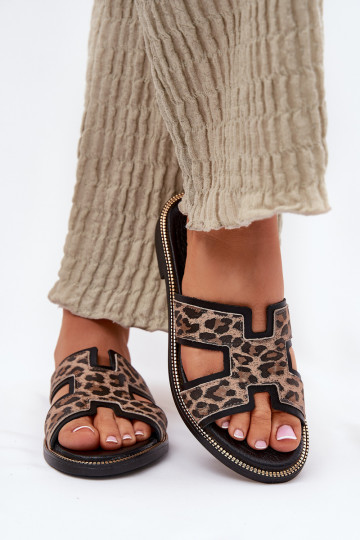 Kožené rovná sa Papuče so vzormi leopardej kožušiny Zazoo 40383 čierna 2