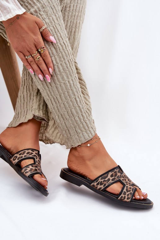 Kožené rovná sa Papuče so vzormi leopardej kožušiny Zazoo 40383 čierna Kožené rovná sa Papuče so vzormi leopardej kožušiny Zazoo 40383 čierna