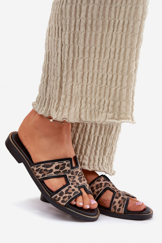 Kožené rovná sa Papuče so vzormi leopardej kožušiny Zazoo 40383 čierna Kožené rovná sa Papuče so vzormi leopardej kožušiny Zazoo 40383 čierna