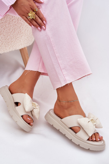 Kožené papuče Dámske s platformou so stuhami CheBello 4647 béžová