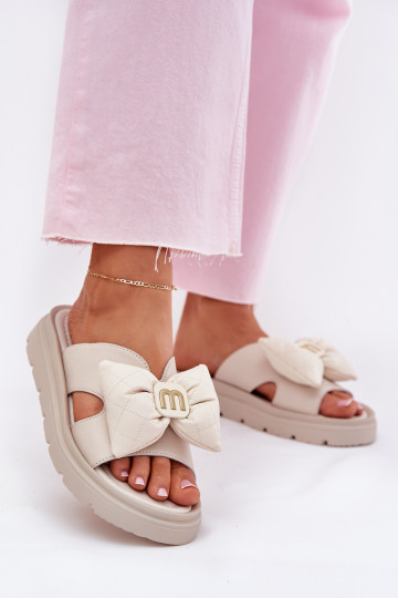 Kožené papuče Dámske s platformou so stuhami CheBello 4647 béžová 2