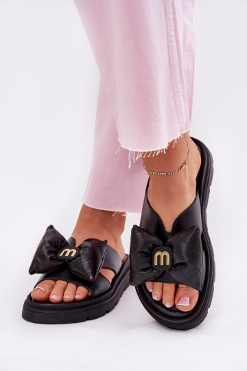 Kožené papuče Dámske s platformou so stuhami CheBello 4647 čierna 2