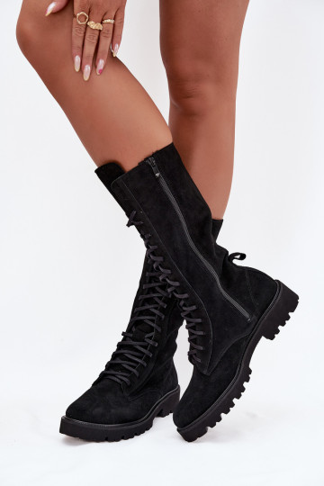 Semišové topánky So šnurovaním Stred lýtok Zazoo 3103 čierna
