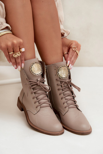 Kožené Dámske čižmy so širokými podpätkami Ze zlatej farbym Detalem Zazoo 3084 béžová