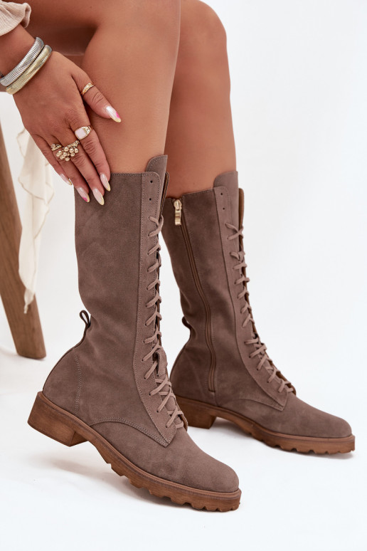 Semišové topánky So šnurovaním Stred lýtok Zazoo 3103 béžová