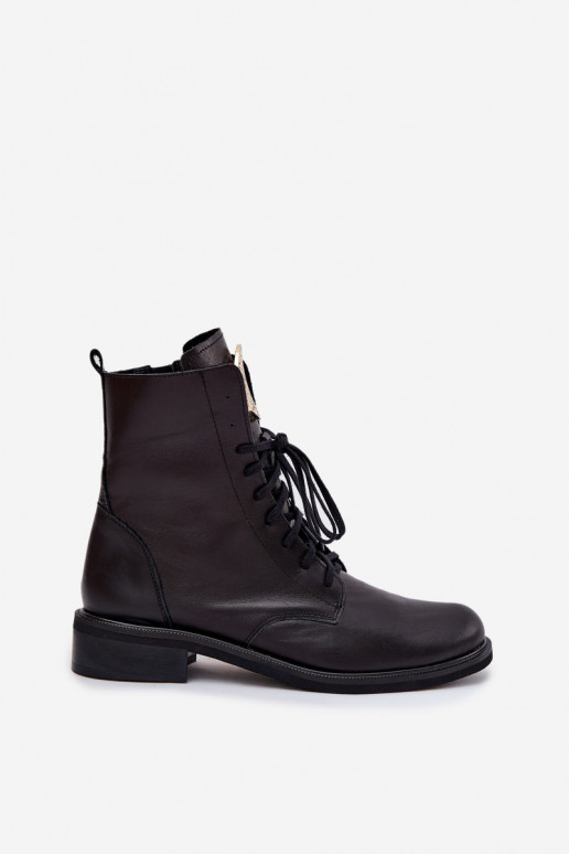 Kožené Dámske čižmy so širokými podpätkami Ze zlatej farbym Detalem Zazoo 3084 čierna