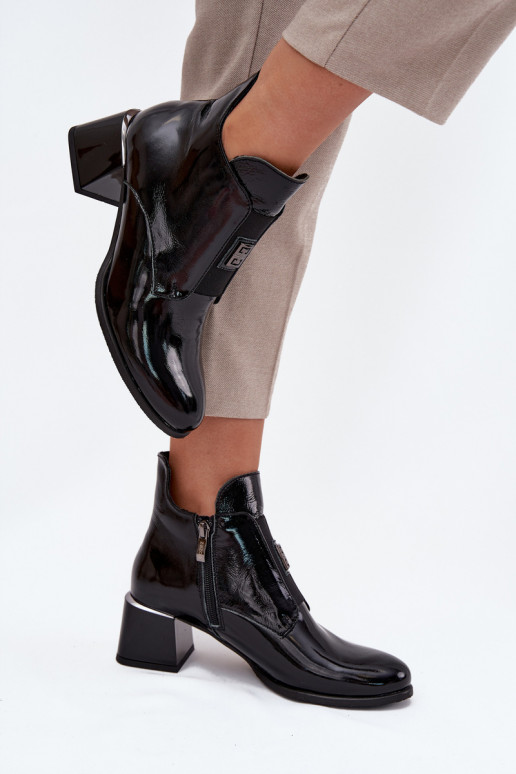 Kožené s lakovým efektom Čižmy Zapnuté Klocku S Ornatem Detalem zahriať sa Zazoo 60560 čierna Kožené s lakovým efektom Čižmy Zapnuté Klocku S Ornatem Detalem zahriať sa Zazoo 60560 čierna