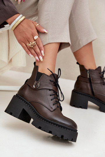 Kožené Dámske čižmy Zapnuté Klocku so zdobenými podpätkami zahriať sa Zazoo 60557 CzekoladoIne