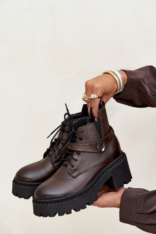 Kožené Dámske čižmy Zapnuté Klocku so zdobenými podpätkami zahriať sa Zazoo 60557 CzekoladoIne