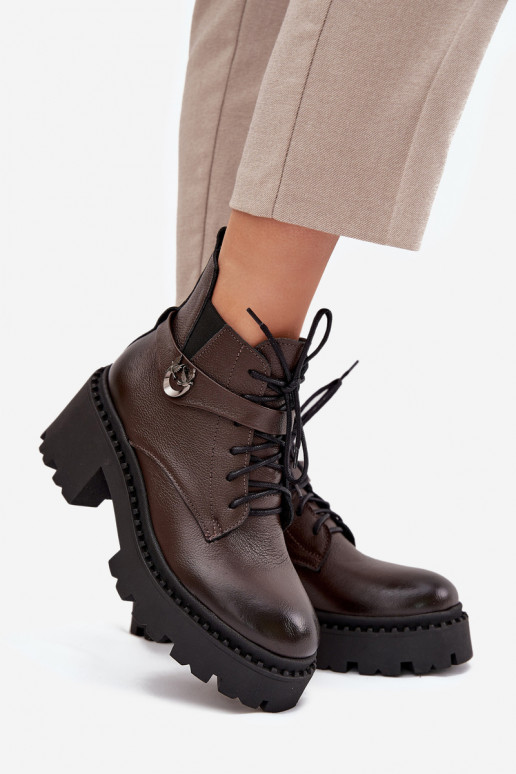 Kožené Dámske čižmy Zapnuté Klocku so zdobenými podpätkami zahriať sa Zazoo 60557 CzekoladoIne