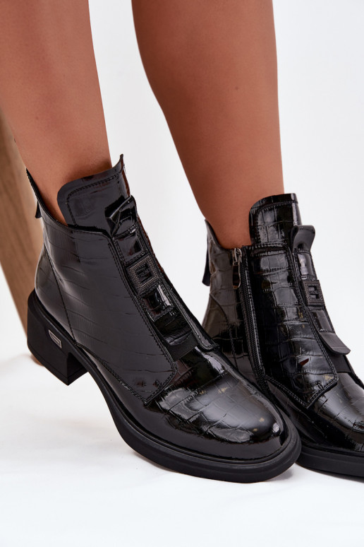 s lakovým efektom Kožené Dámske čižmy S razením Zapnuté Klocku čierna Lorenza