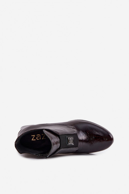 Kožené s lakovým efektom Čižmy Zapnuté Klocku S Ornatem Detalem zahriať sa Zazoo 60560 bordová