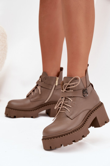 Kožené Dámske čižmy Zapnuté Klocku so zdobenými podpätkami zahriať sa Zazoo 60557 béžová