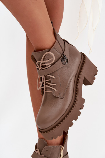 Kožené Dámske čižmy Zapnuté Klocku so zdobenými podpätkami zahriať sa Zazoo 60557 béžová 2