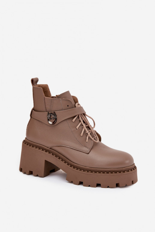 Kožené Dámske čižmy Zapnuté Klocku so zdobenými podpätkami zahriať sa Zazoo 60557 béžová