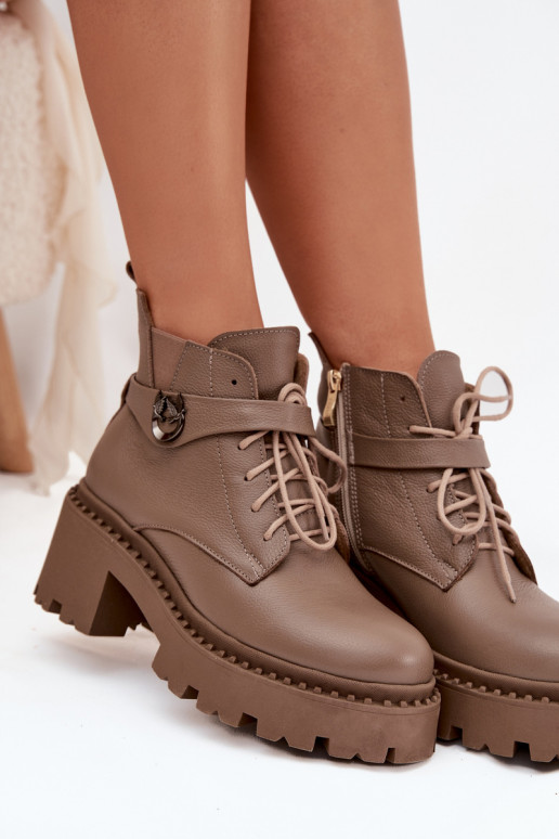 Kožené Dámske čižmy Zapnuté Klocku so zdobenými podpätkami zahriať sa Zazoo 60557 béžová