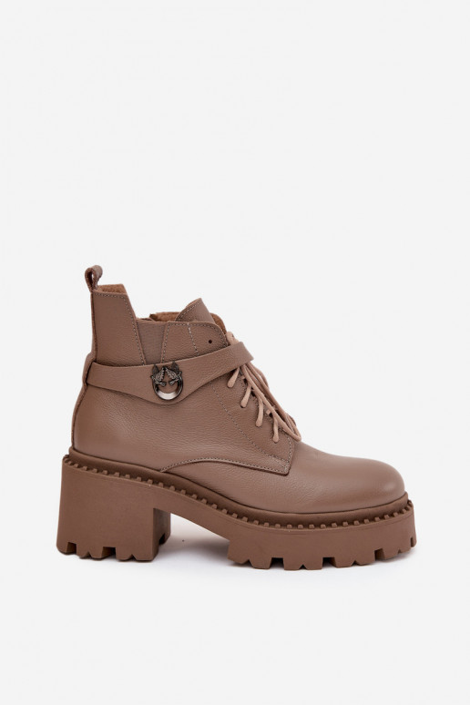 Kožené Dámske čižmy Zapnuté Klocku so zdobenými podpätkami zahriať sa Zazoo 60557 béžová