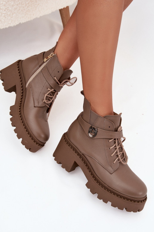 Kožené Dámske čižmy Zapnuté Klocku so zdobenými podpätkami zahriať sa Zazoo 60557 béžová