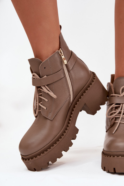 Kožené Dámske čižmy Zapnuté Klocku so zdobenými podpätkami zahriať sa Zazoo 60557 béžová