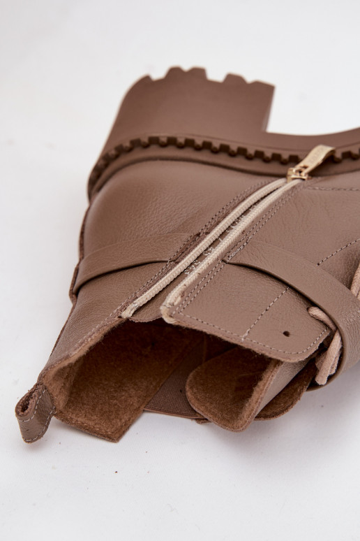 Kožené Dámske čižmy Zapnuté Klocku so zdobenými podpätkami zahriať sa Zazoo 60557 béžová