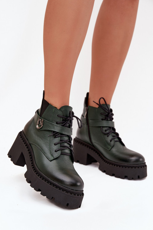 Kožené Dámske čižmy Zapnuté Klocku so zdobenými podpätkami zahriať sa Zazoo 60557 khaki farby Kožené Dámske čižmy Zapnuté Klocku so zdobenými podpätkami zahriať sa Zazoo 60557 khaki farby